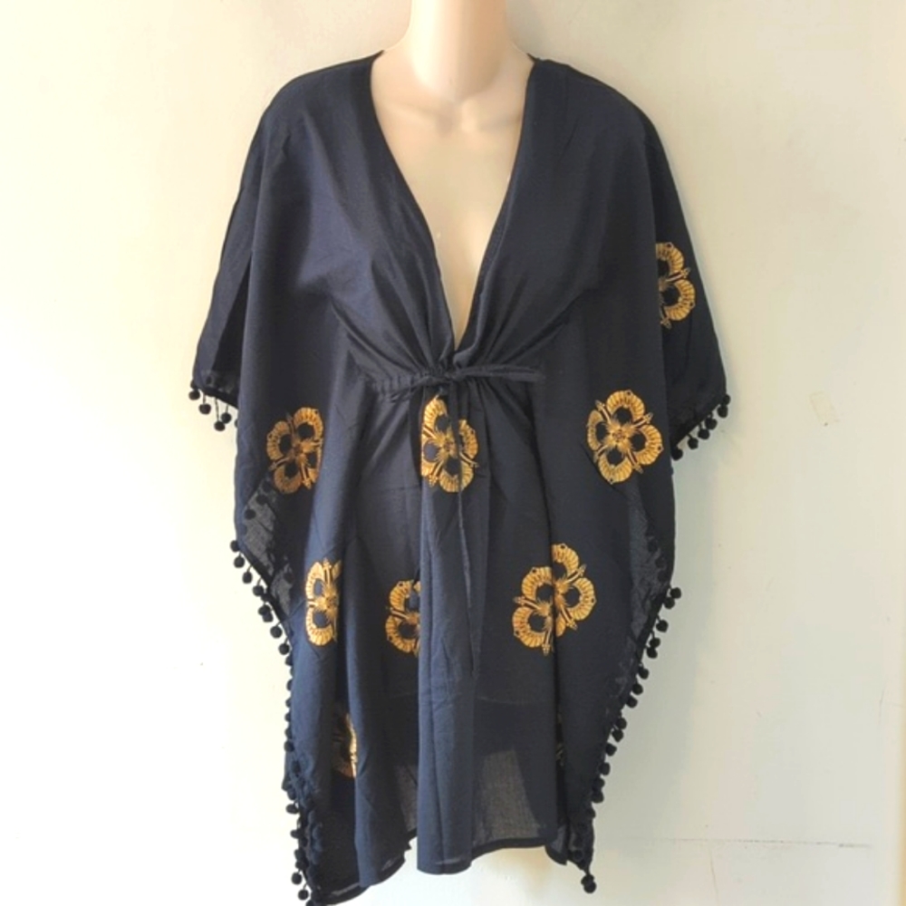 Moda International Black Gold Pom Pom Trim Swim Coverup